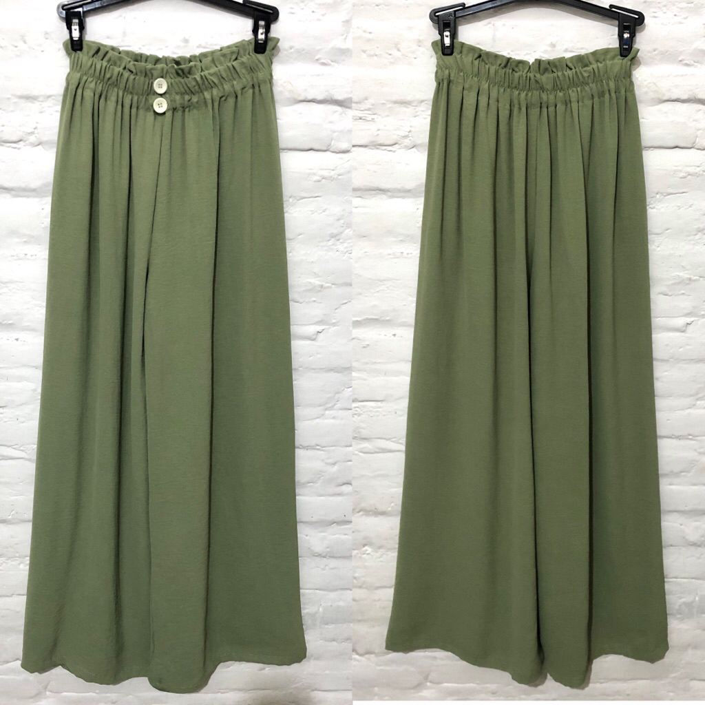 New No Tag Lable celana panjang kulot crinkle flowy size S warna hijau sage wide leg palazzo pinggan
