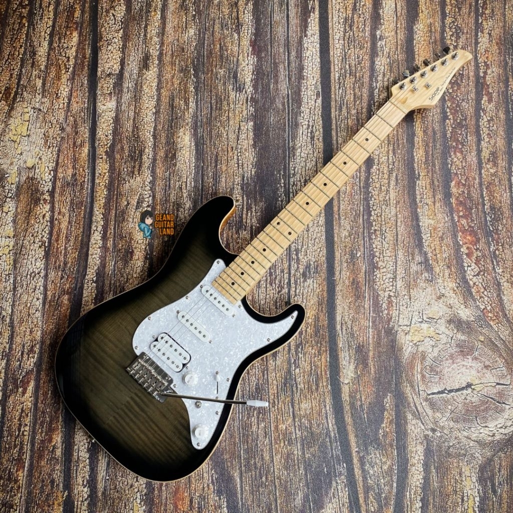 SQOE SEIB680 Flame Maple Top HSS Stratocaster in Charcoal Black Burst