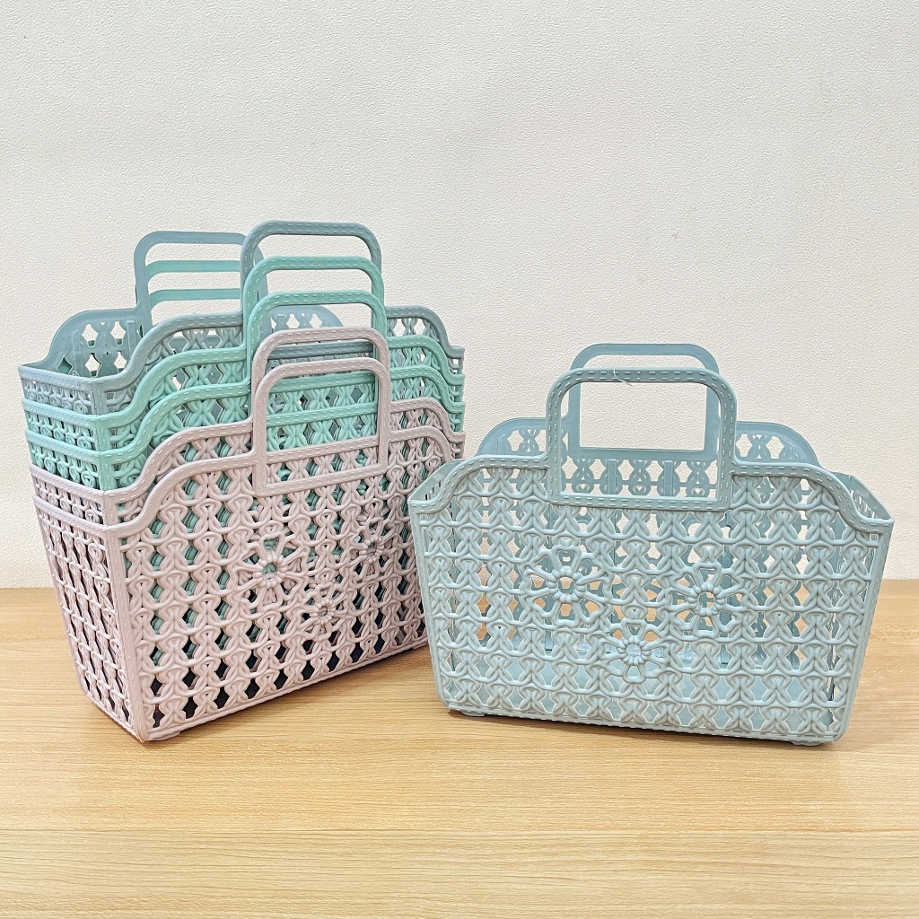 (6 PCS) KERANJANG JINJING AIMEELI MOTIF RAJUT BUNGA HAMPERS BERKATAN HANTARAN TAS BELANJA CANTIK