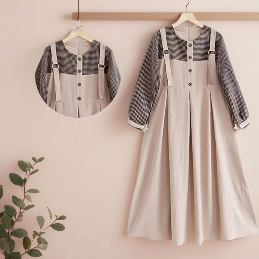GAMIS ANAK WANITA MUSLIMAH UMUR 7-15 TAHUN MODEL OVERALL BAHAN CRINKLE AIRFLOW MIX KATUN KOTAK-KOTAK