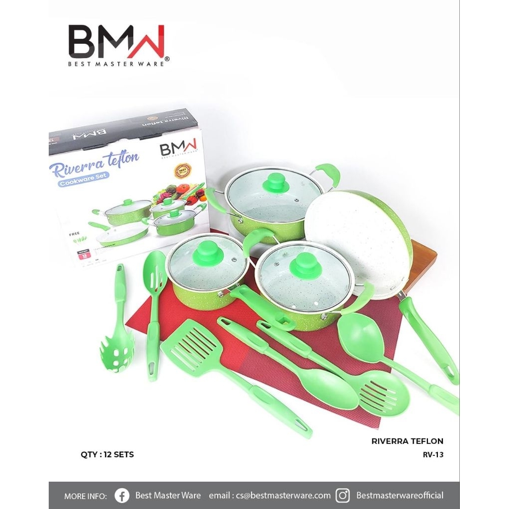 Baru Panci Set 13 Pcs Marble Teflon Cookware Set Rivera BMW warna panci set Spatula serbaguna