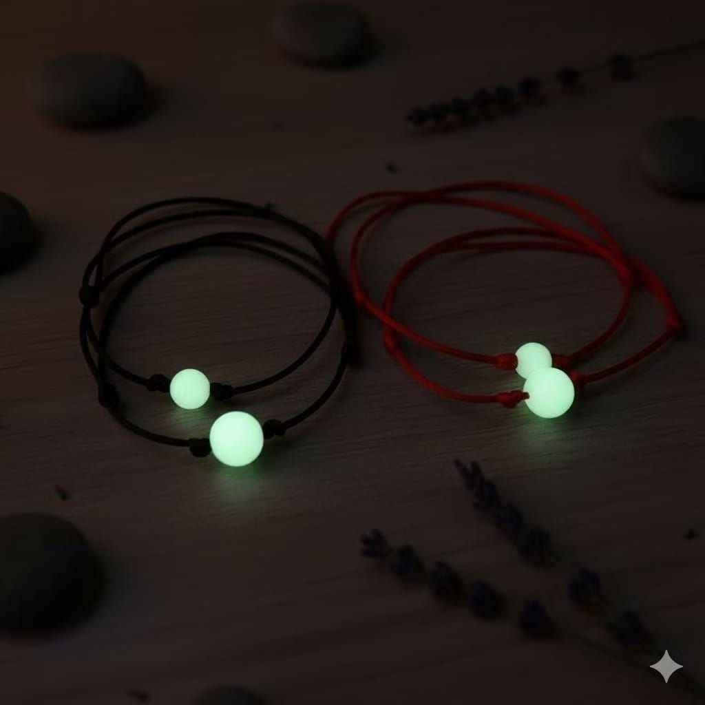 gelang simpel batu akik posfor asli menyala dalam gelap tali hitam dan merah 8 dan 10mm