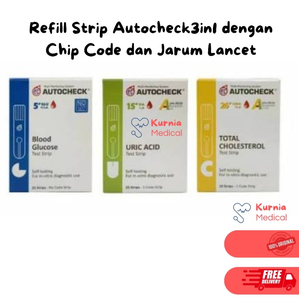 Refill Strip Autocheck 3in1 (strip isi ulang) dengan Chip Code dan Jarum Lancet