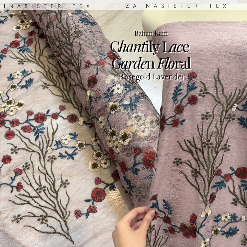 Bahan Kain Kebaya Mewah Brokat Brukat CHANTILY LACE BORDIR Motif Bunga Garden Floral Warna Rosegold 