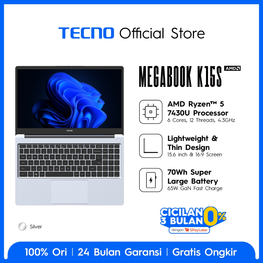 TECNO MEGABOOK K15S – 8+512GB, AMD Ryzen 5  – 7430U Processor, 70Wh Battery up to 17.5hours, 65Watt 