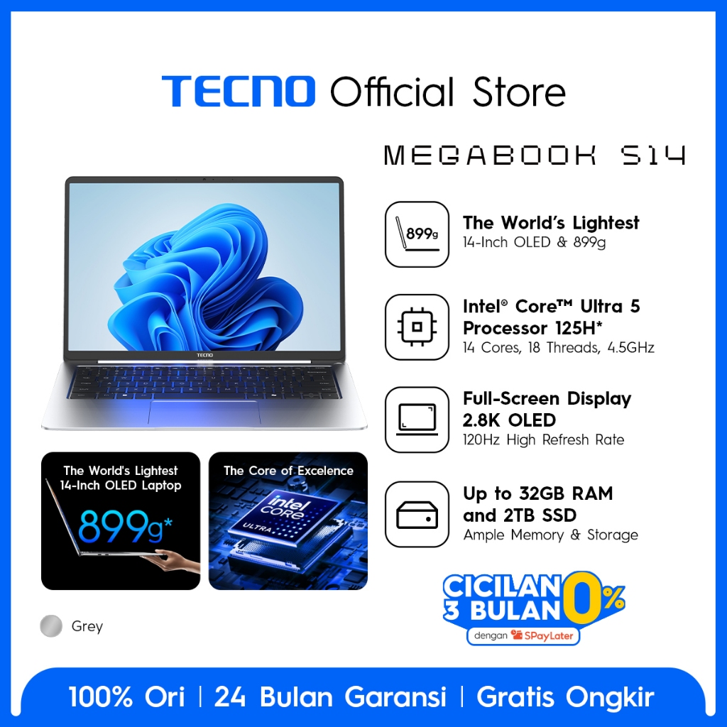 [NEW] TECNO MEGABOOK S14 Intel Core Ultra 5 125H - 16GB+1TB, 50Wh Battery + 65W GaN Fast Charge, 14 Inch 2.8K OLED