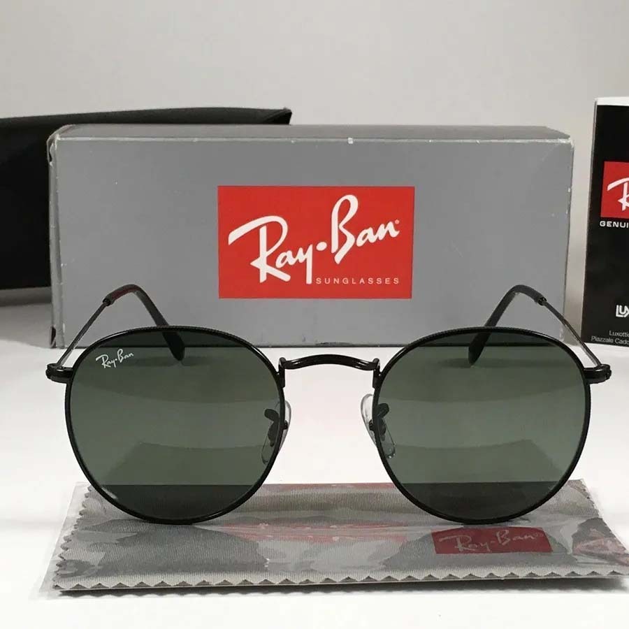 Kacamata Rayban Round Metal RB3447 002 Black Lens Green Original