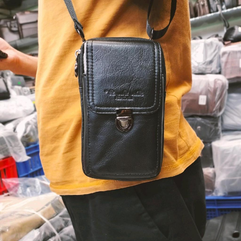 Tas Slempang Kulit Tas Mini Multifungsi Tas Hp Pria Xiau Duo Li 9486 Hitam - Hitam