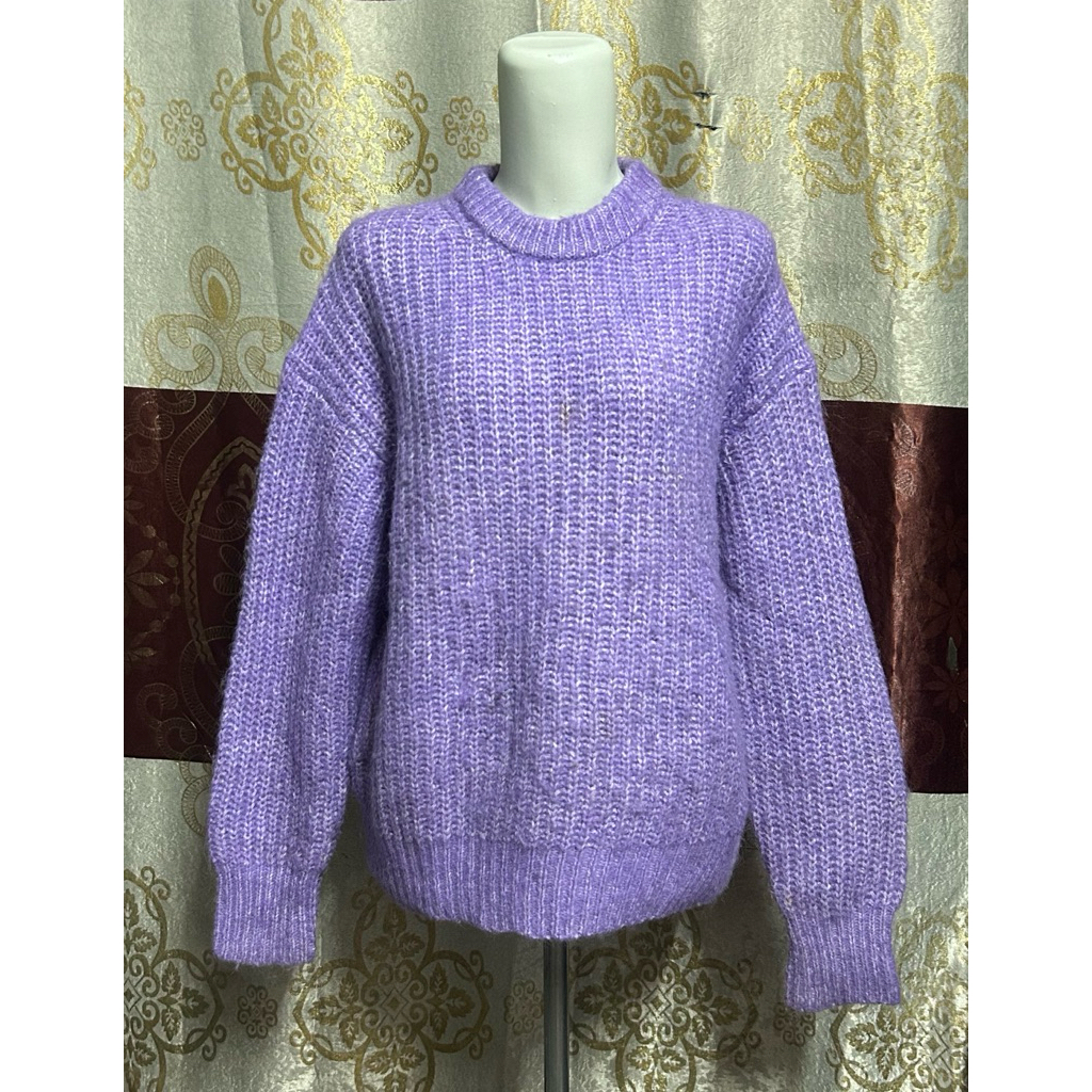 branded ZARA fulltag - pl baju rajut wanita lengan balon oversize / atasan sweater gembul warna ungu