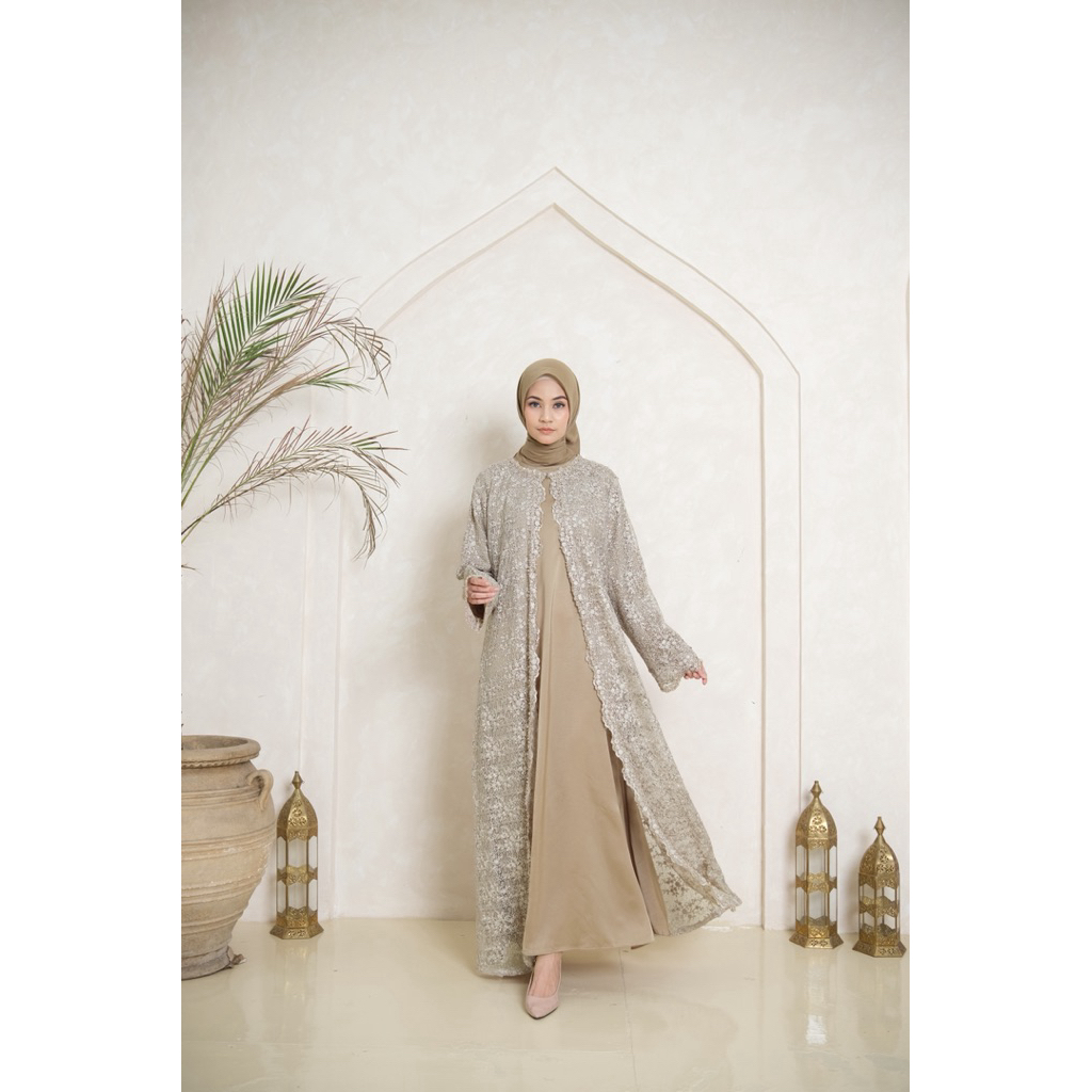 Bellamira Full Lace Embroidery cream - Wanita Muslimah Brokat Mewah Long Cardigan Dress Kondangan El