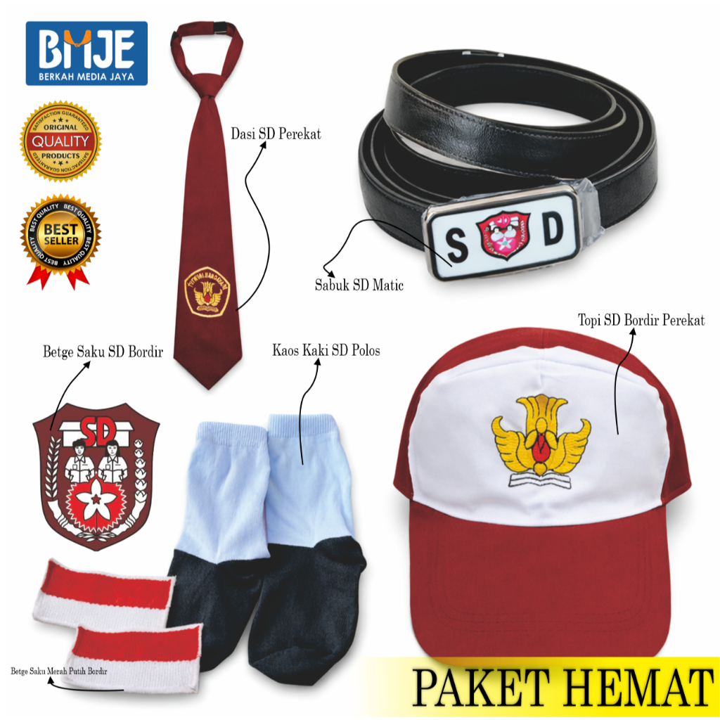 Paket Topi Dasi Ikat pinggang Bet dan Kaos kaki SD Setelan Perlengkapan Sekolah 1 set Cowok Cewek