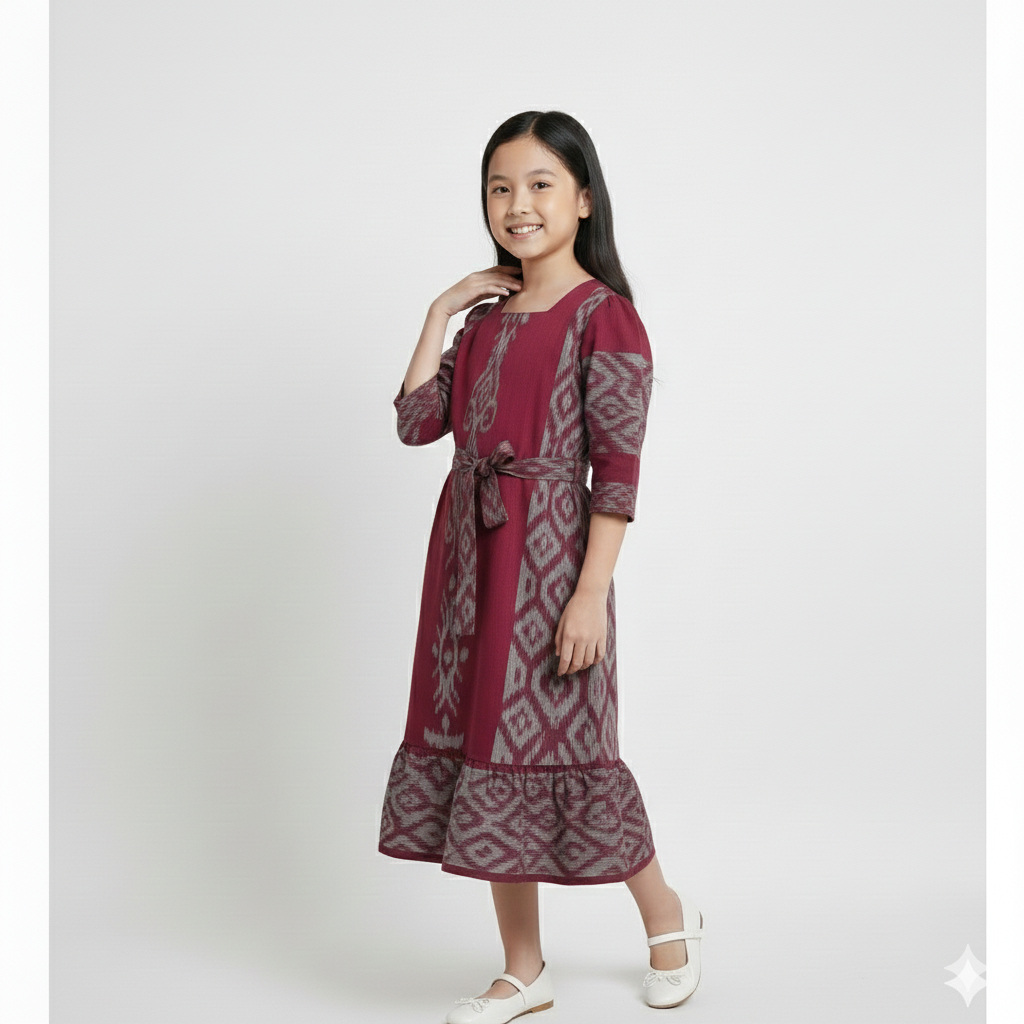 Dress Anak Perempuan Tenun Motif Etnik Maroon Lengan 3/4 Ikat Pinggang Selutut