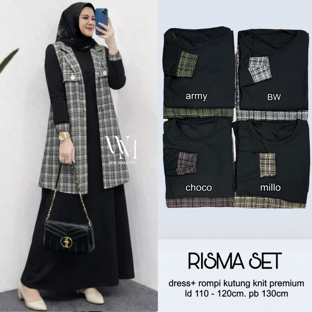 Risma Set - Gamis Dress Set Rompi Outer Motif Kotak Kotak Kekinian Elegan Bahan Knit Premium XL