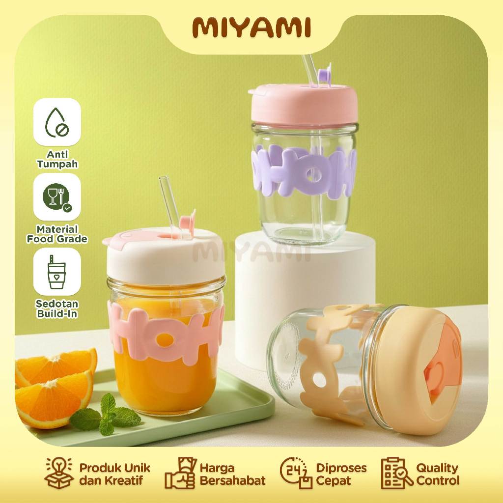Gelas Kaca Slave HOHO 350 ML Mug Kopi Tumbler Estetik Anti Tumpah dengan Sedotan Food Grade - MI