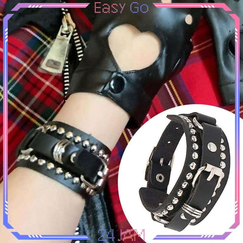 Gelang Rock Hitam Gelang Punk Aksesoris Gelang Gothic Adjustable Bracelet Punk Gelang Kulit Pu Brace