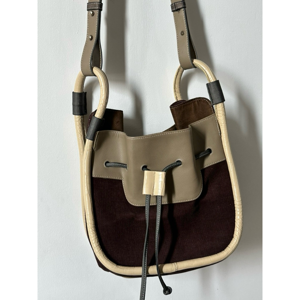 PRELOVED - JOSVLI Bucket Bag Corduroy Two Tone-Drawstring Shoulder Bag