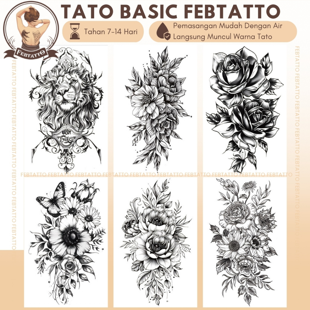 TERBARU Stiker Tato Temporer Tahan 1-2 Minggu 11x21cm Tatto Temporary Semi Permanent bunga singa mat