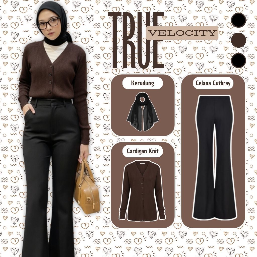 Setelan Outfit Wanita Remaja ( Cardigan Basic + Celana Cutbray + Hijab ) Ootd Korean Style - 076