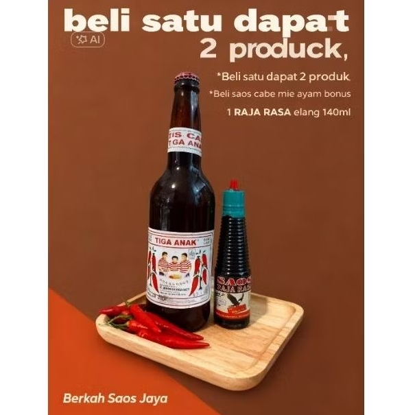 Beli Saos 3 anak cabe bisa untuk nasi goreng, mi goreng dll, dapat bonus 1 botol raja rasa 140ml(ber