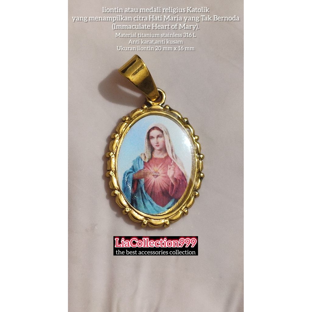 Liontin titanium gold dengan gambar Bunda Maria