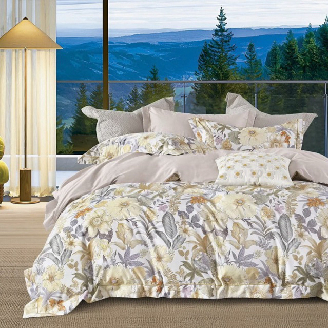 BIOSIBEDDING Sprei Katun Jepang Motif Bunga Abu Krem Kuning Mint - Sprei Custom Size Murah Surabaya 