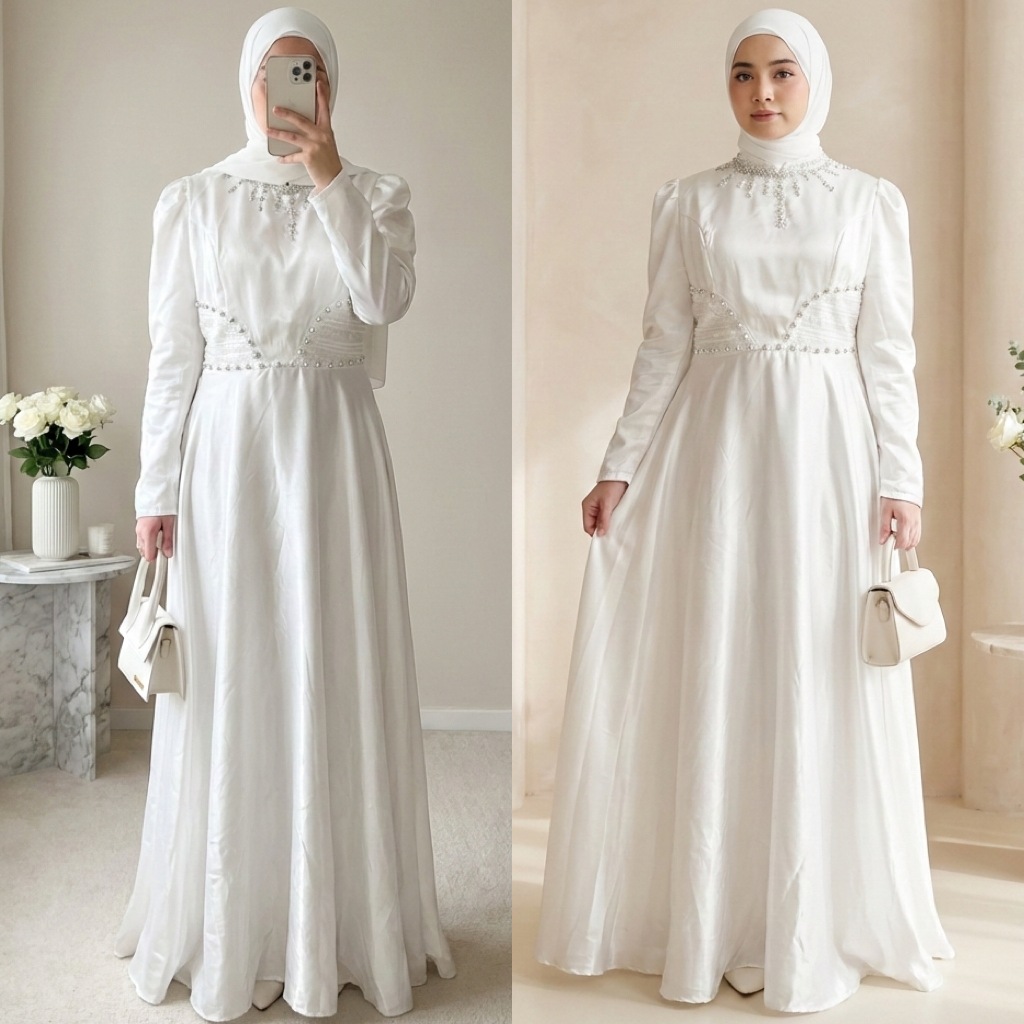 Gamis Putih Satin Mutiara Kombinasi Tile Baju Muslim Vima 71051
