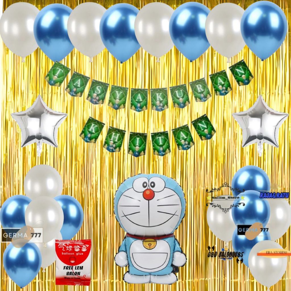 Set Dekorasi Tasyakuran Khitan Anak / Dekor Ultah Acara Khitanan Balon Doraemon Tirai Gold
