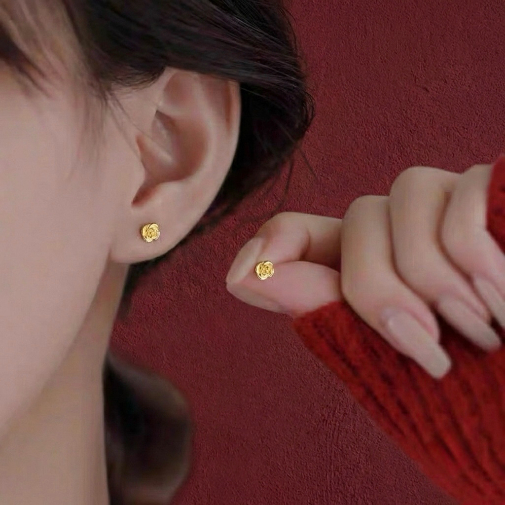 Anting Bunga Mawar Titanium Elegan – Stud Earrings Wanita (Gold / Rose Gold / Silver)