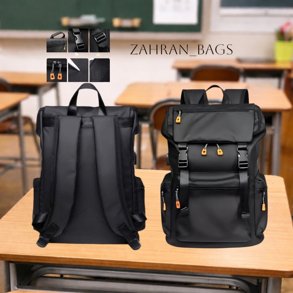 Zahran tas ransel pria  waterfrop hitam polosan