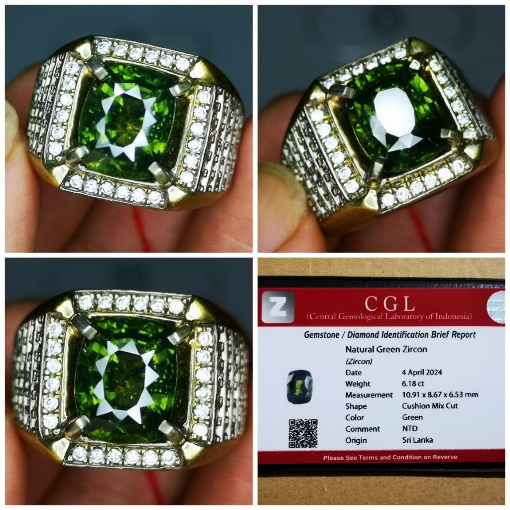 Cincin batu permata natural green zircon ring perak microsetting memo CGL