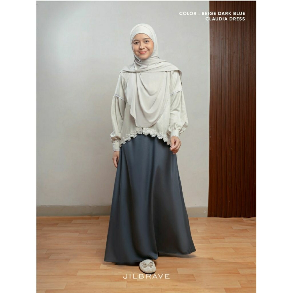 CLAUDIA DRESS JILBRAVE | Gamis bahan katun dengan aksen bordir bunga cute | Gamis lebaran dengan out