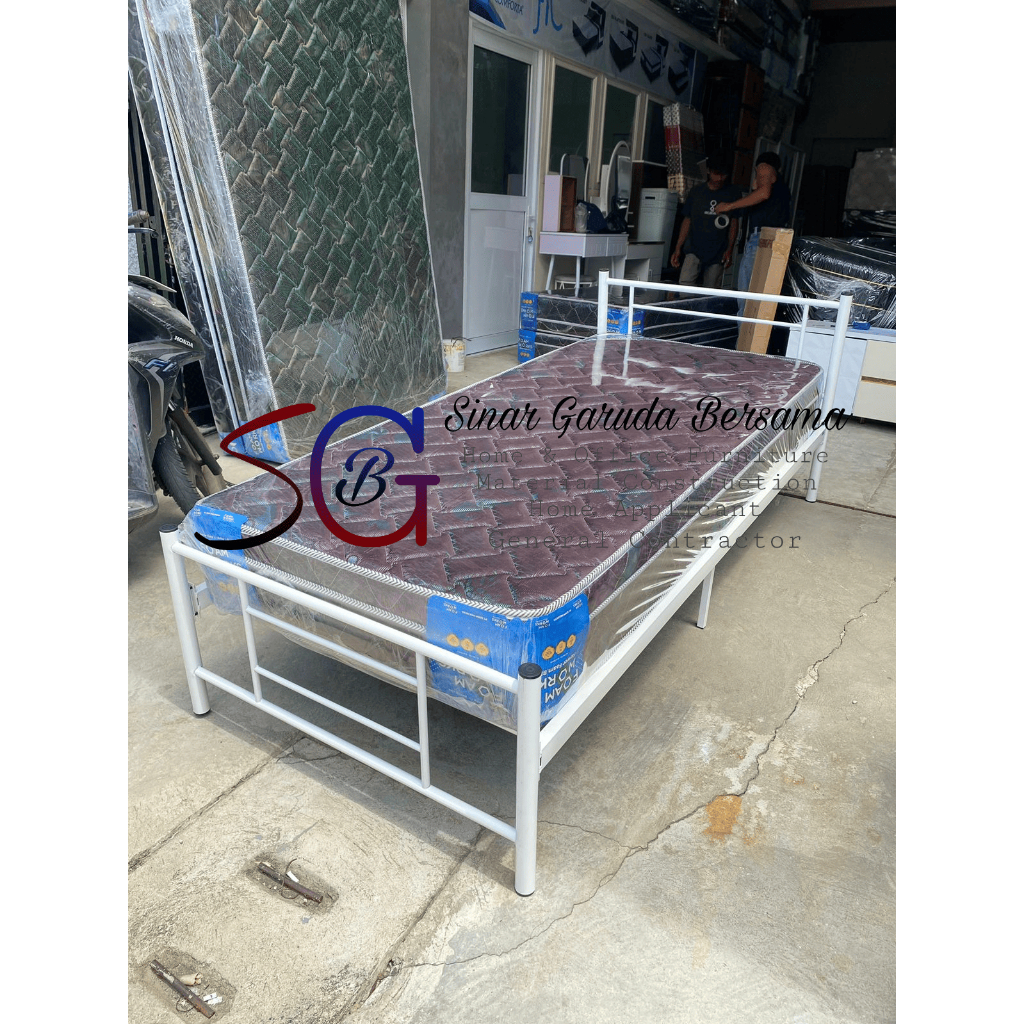 RANJANG BESI + KASUR BUSA TEBAL 25 CM / DIVAN BESI WARNA PUTIH KOKOH / TEMPAT TIDUR BESI MINIMALIS