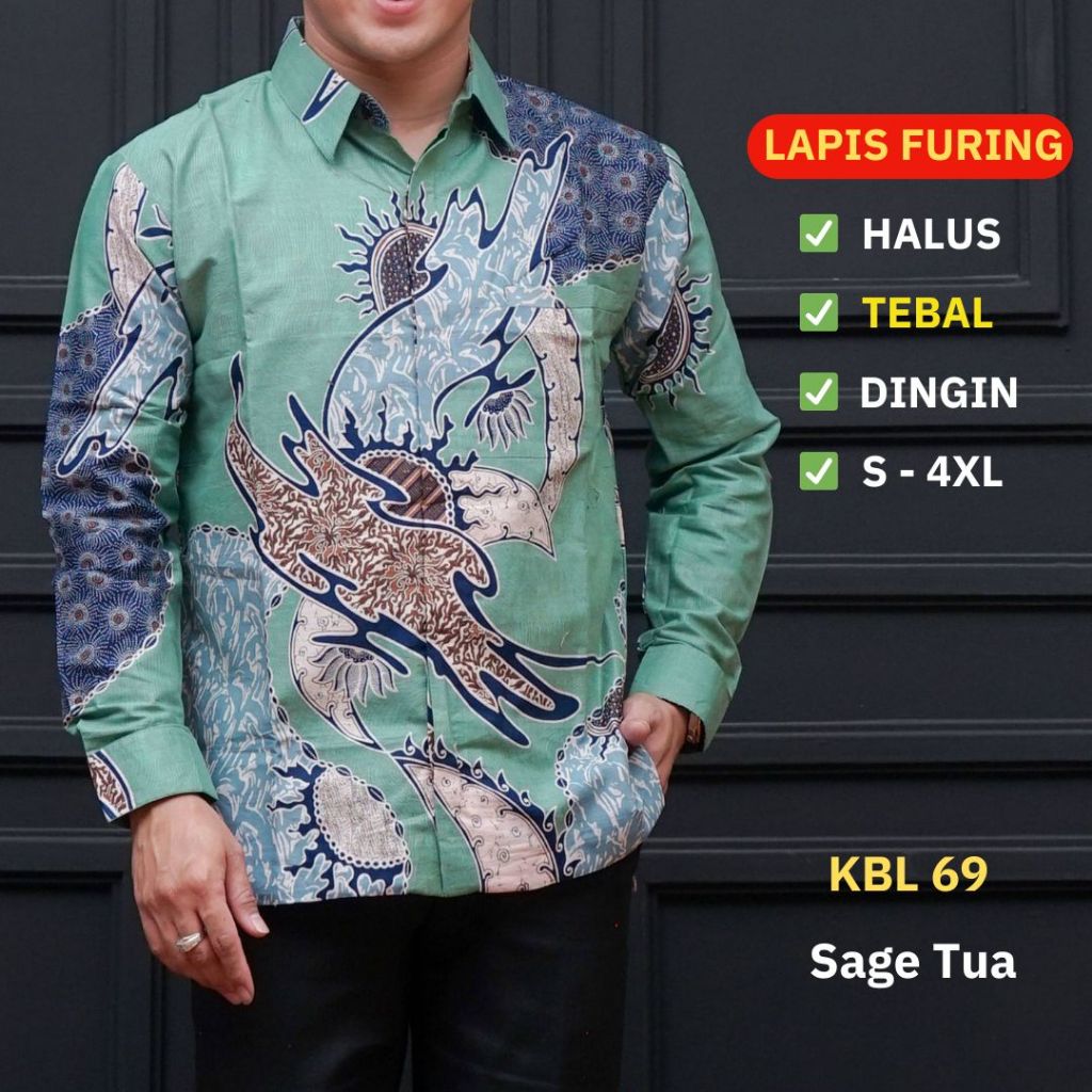 Kemeja Batik Pria Lengan Panjang Lapis Furing Standar Jumbo Katun Warna Sage Batik Ambari KBL 69