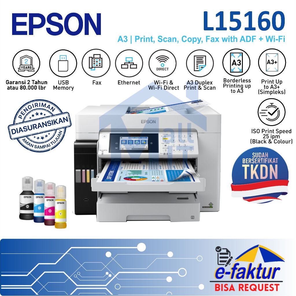 MALLIT EPSON Printer Epson L15160 L-15160 L 15160 A3 Duplex Pigment All in One Resmi Medan