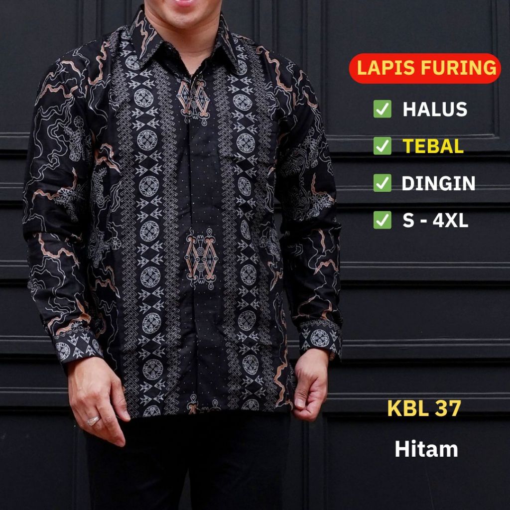 Batik Pria Lengan Panjang Lapis Furing Standar Jumbo Katun Premium Warna Hitam Batik Ambari KBL 37