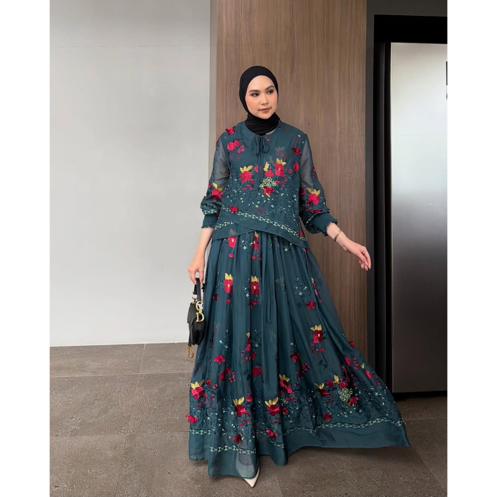 GONEGANI OFFICIAL - Dress Wanita Motif Bunga Bahan Organza Tissue Floral Embroidery Halwa Dress