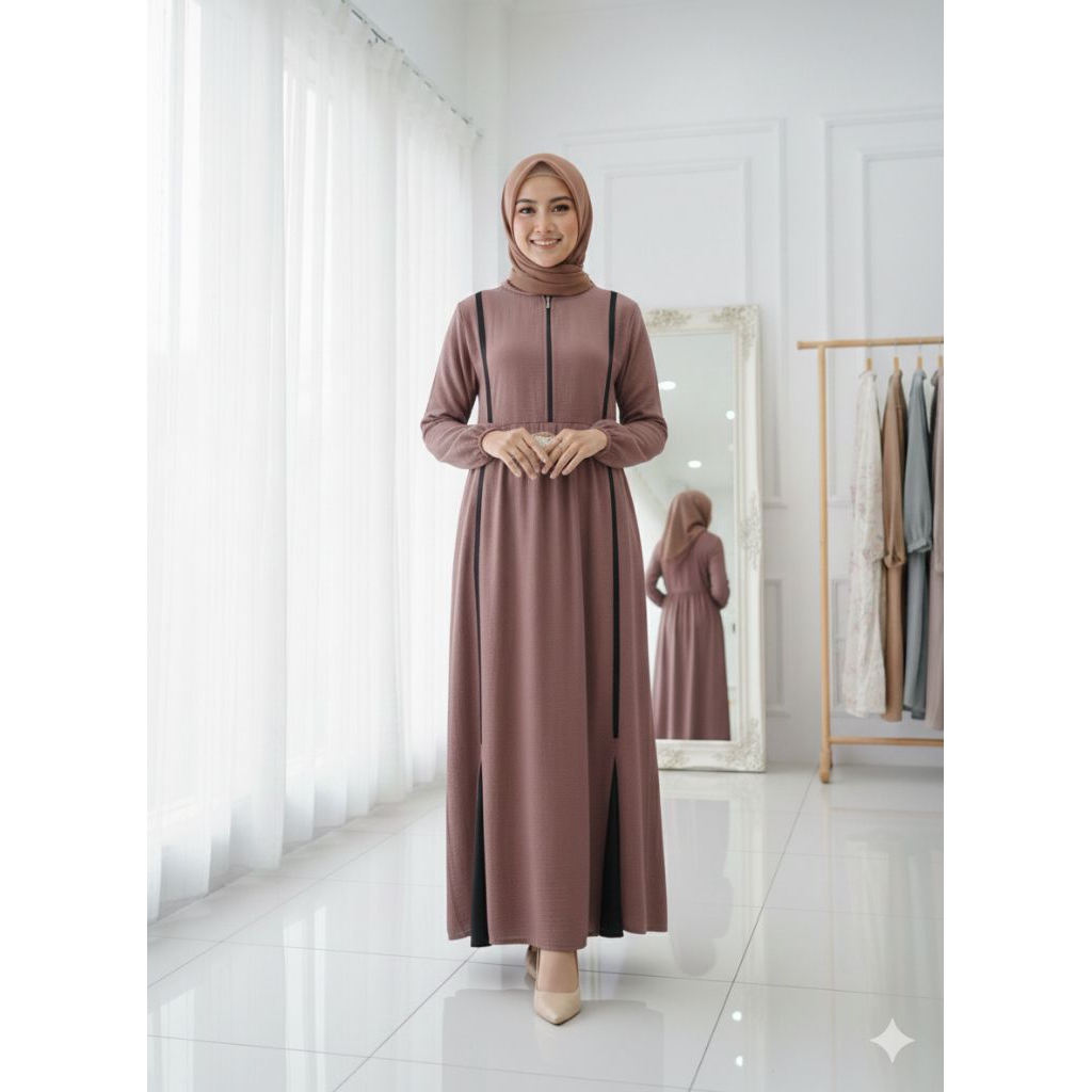gamis polos ceruty garis kanan kiri