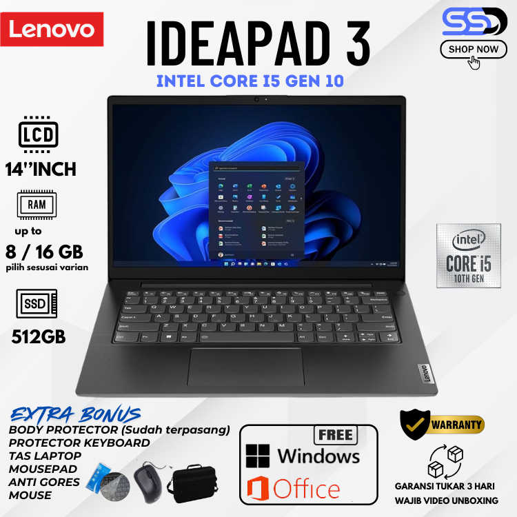 LENOVO IDEAPAD 3 14IIL05 Core i5-1035G1 RAM 12GB / 512GB SSD 14''Inch Win11+Office free TAS LAPTOP D