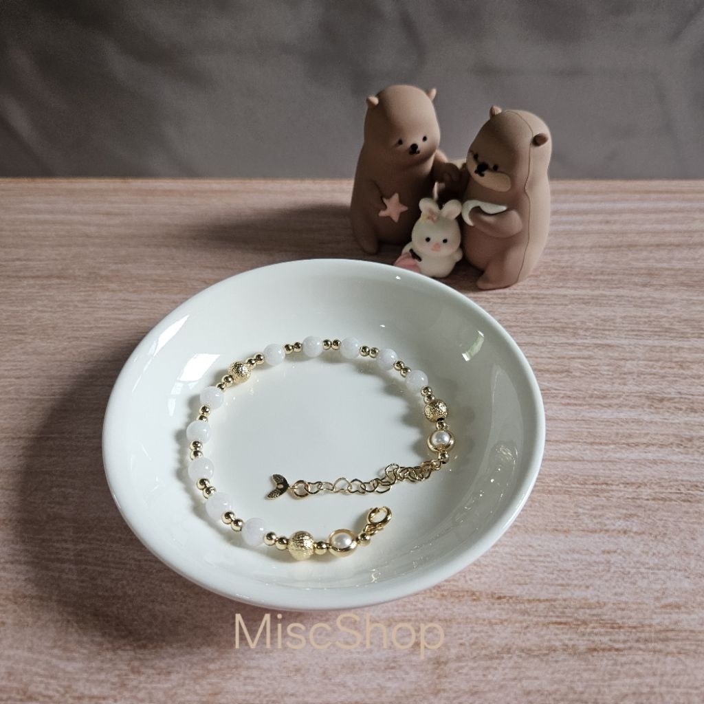 Gelang giok kombinasi mutiara lapis emas 14k