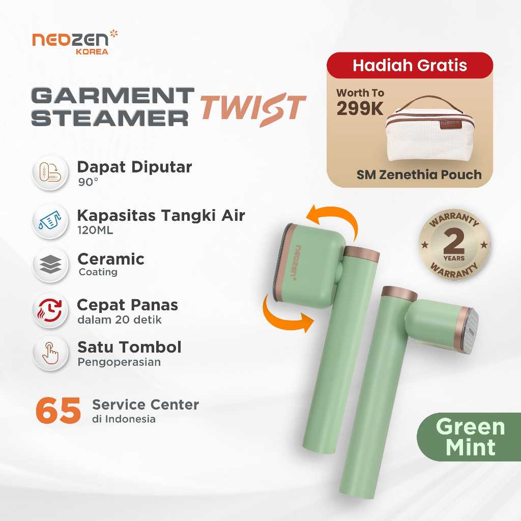 Neozen Garment Steamer Twist Green Mint - Setrika Uap Pakaian Mini Travel Portable Steam Iron Multif