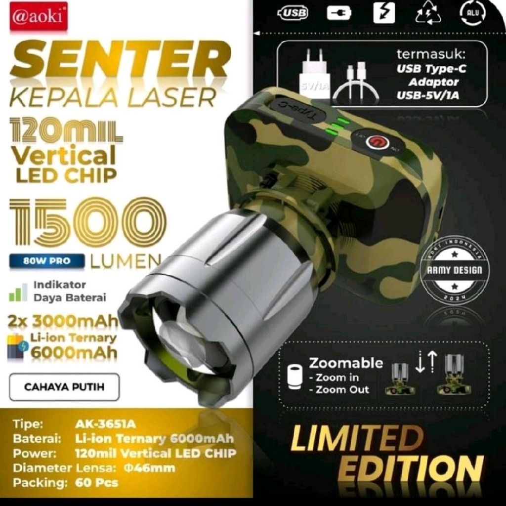 Aoki Senter Kepala Led Zoom 80W 1500Lumen Aoki Ak-3651A -Cahaya Putih Waterproof