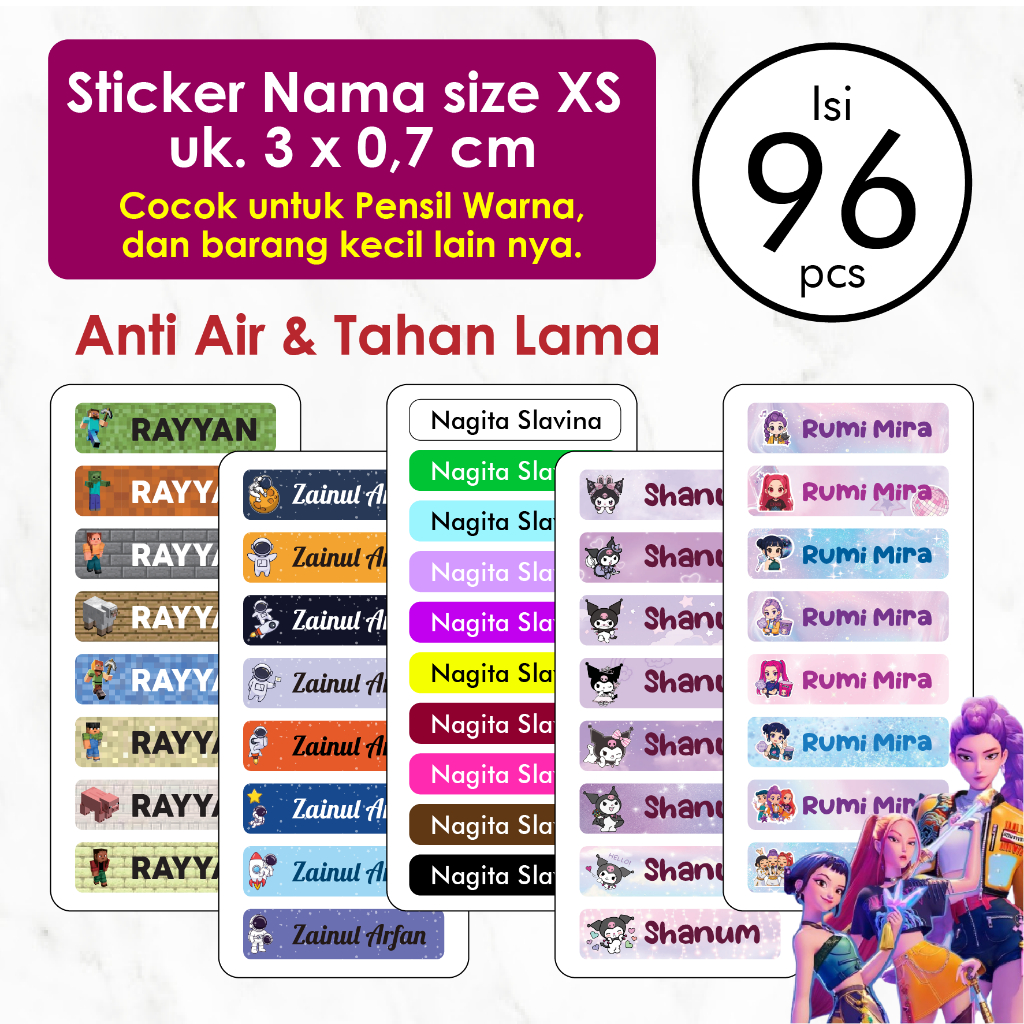 Stiker Label Nama Anak Custom Ukuran Xs isi 96 pcs Label Nama Anak Waterproof Tahan Air Stiker Pensi