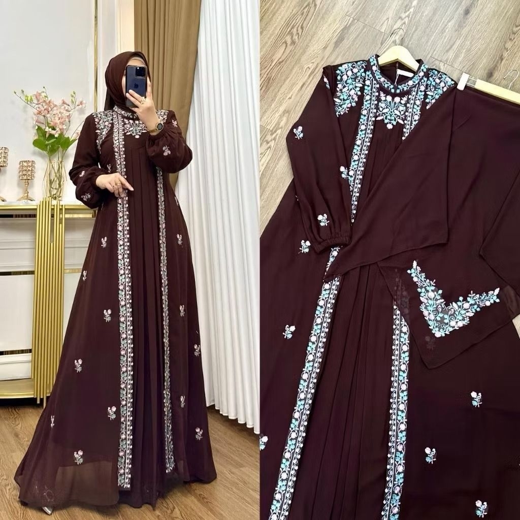 Zifa Fashion || Cod || Melati Dress Vol 2 +Hijab Segi4 || Gamis Set Cruty Aksen Bordir Payet Tabur C