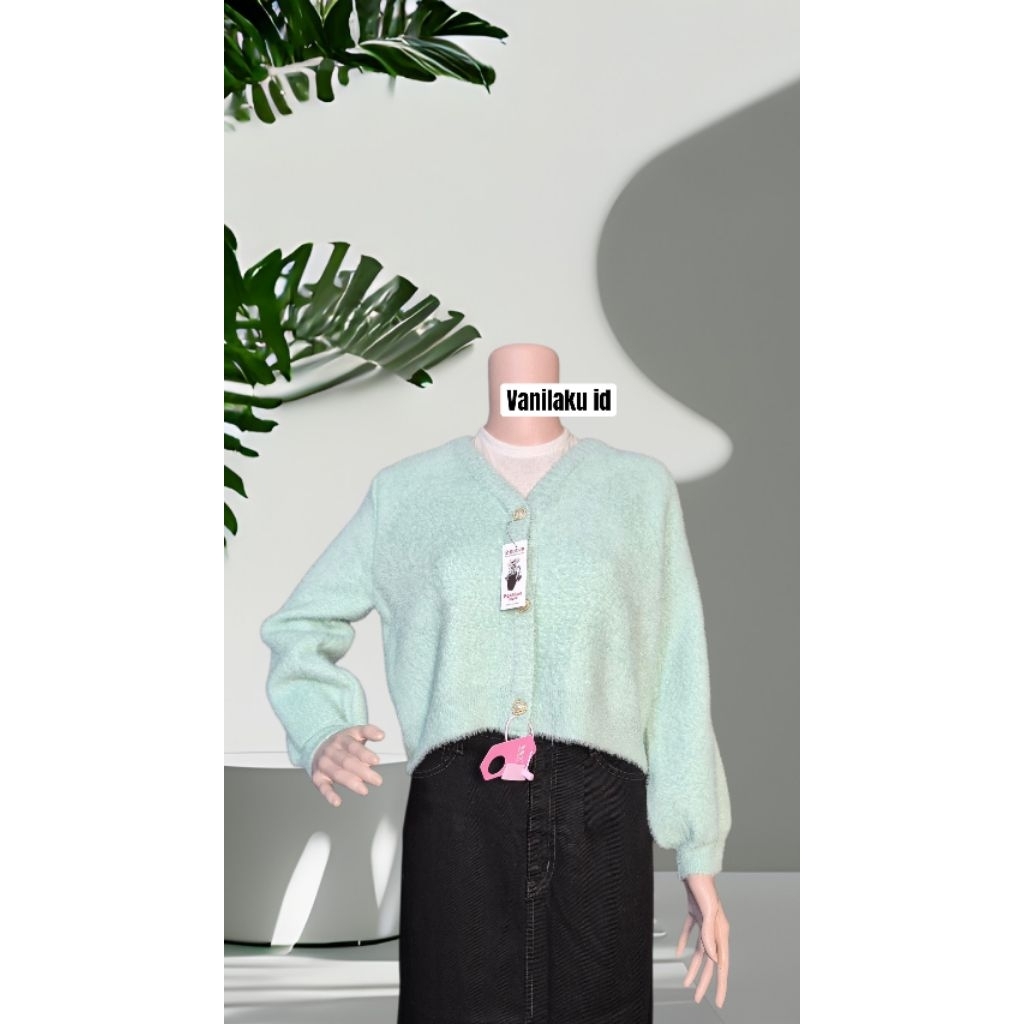 cardigan rajut crop fuzzy wanita premium lengan balom berkancing