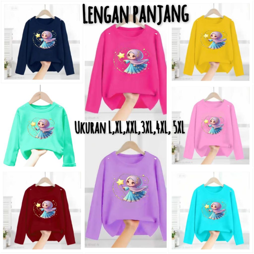 Kaos Anak Perempuan Lengan panjang Motif Hijab Bintang Usia 5-16 Tahun//Lengan panjang Motif Hijab B