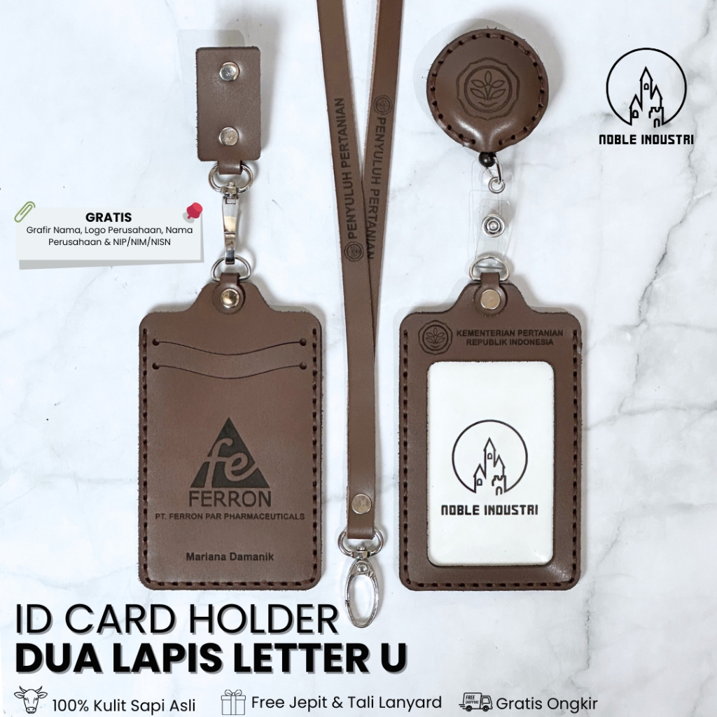 Id Card Holder 2 Lapis Kulit Custom Nametag Lanyard Saku Yoyo Free Desain