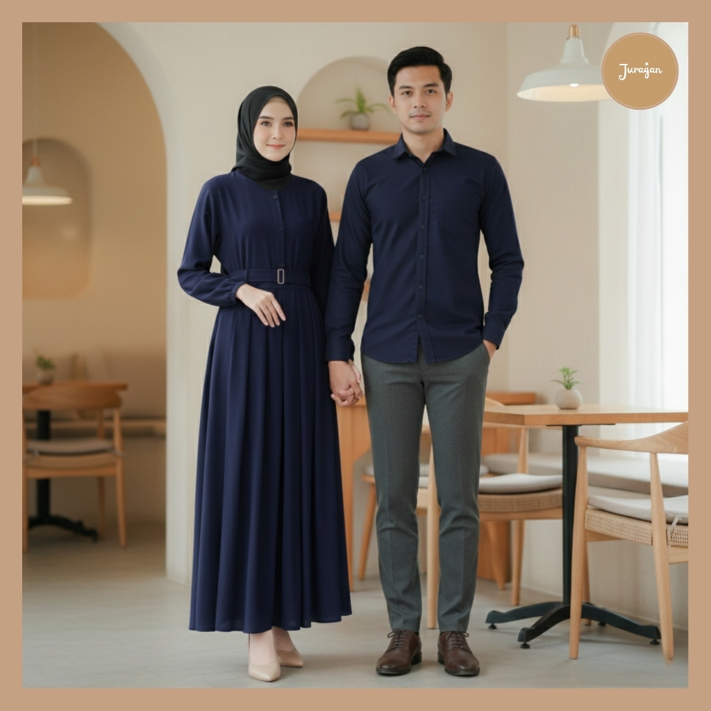 Gamis Couple Pasangan Muslim Kekinian Harmonis Navy by Juragan Baju Muslim