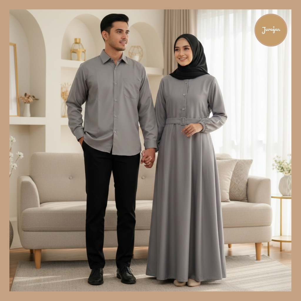 Gamis Couple Pasangan Muslim Kekinian Harmonis Abu by Juragan Baju Muslim