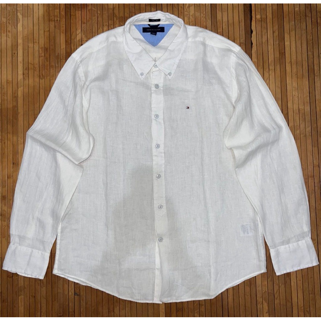 TOMMY HILFIGER WHITE LINEN BUTTON DOWN LONG SLEEVE SHIRT hugo boss
