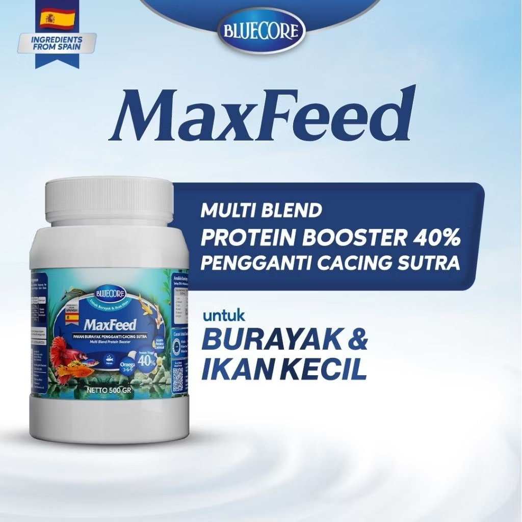 BlueCore Maxfeed Pakan Burayak Ikan penghemat cacing sutera untuk penggemuk ikan dan perangsang ikan